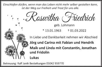 Traueranzeige von Roswitha Friedrich von Neue Deister-Zeitung