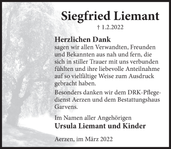 Traueranzeige von Siegfried Liemant von Deister- und Weserzeitung