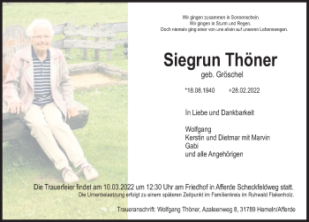 Traueranzeige von Siegrun Thöner von Deister- und Weserzeitung