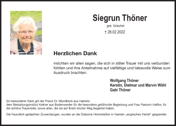 Traueranzeige von Siegrun Thöner von Deister- und Weserzeitung