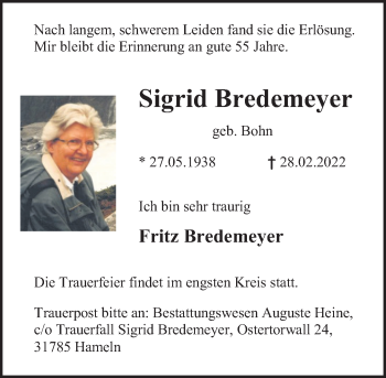Traueranzeige von Sigrid Bredemeyer von Deister- und Weserzeitung