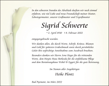 Traueranzeige von Sigrid Schwerte von Deister- und Weserzeitung