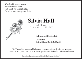 Traueranzeige von Silvia Hall von Deister- und Weserzeitung