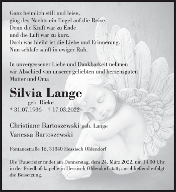 Traueranzeige von Silvia Lange von Deister- und Weserzeitung