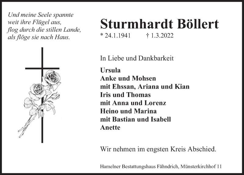  Traueranzeige für Sturmhardt Böllert vom 05.03.2022 aus Deister- und Weserzeitung