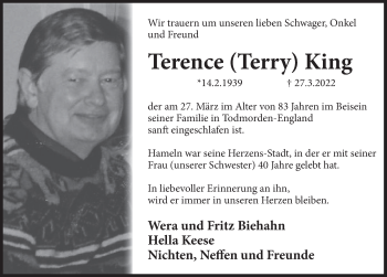 Traueranzeige von Terence King von Deister- und Weserzeitung