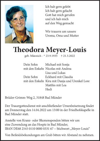 Traueranzeige von Theodora Meyer-Louis von Neue Deister-Zeitung
