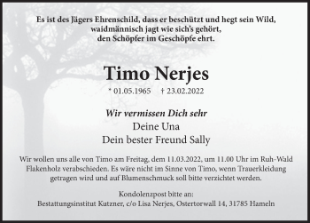 Traueranzeige von Timo Nerjes von Deister- und Weserzeitung