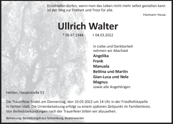 Traueranzeige von Ullrich Walter von Deister- und Weserzeitung
