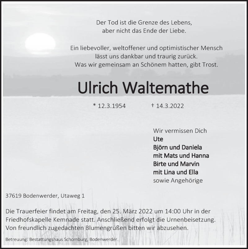  Traueranzeige für Ulrich Waltemathe vom 19.03.2022 aus Deister- und Weserzeitung