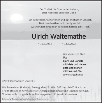 Traueranzeige von Ulrich Waltemathe von Deister- und Weserzeitung
