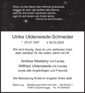 Traueranzeige von Ulrike Utdenwiede-Schneider von Deister- und Weserzeitung