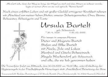 Traueranzeige von Ursula Bartelt von Deister- und Weserzeitung