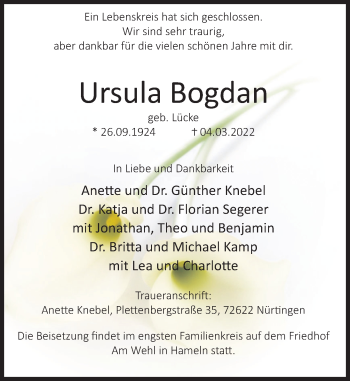 Traueranzeige von Ursula Bogdan von Deister- und Weserzeitung