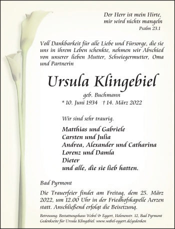 Traueranzeige von Ursula Klingebiel von Deister- und Weserzeitung