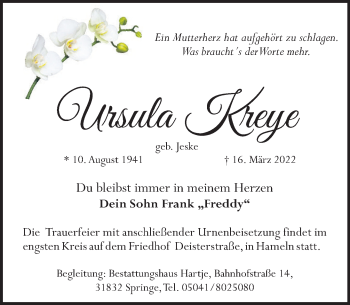 Traueranzeige von Ursula Kreye von Deister- und Weserzeitung