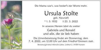 Traueranzeige von Ursula Stolte von Deister- und Weserzeitung