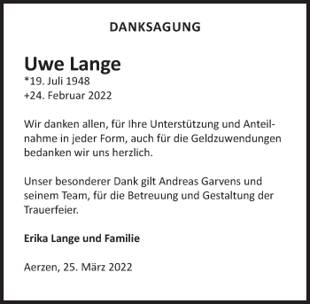 Traueranzeige von Uwe Lange von Deister- und Weserzeitung