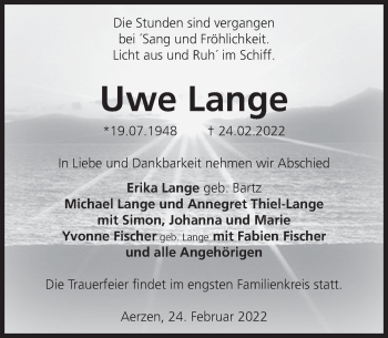 Traueranzeige von Uwe Lange von Deister- und Weserzeitung