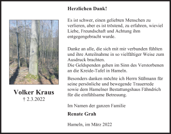 Traueranzeige von Volker Kraus von Deister- und Weserzeitung