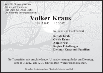 Traueranzeige von Volker Kraus von Deister- und Weserzeitung
