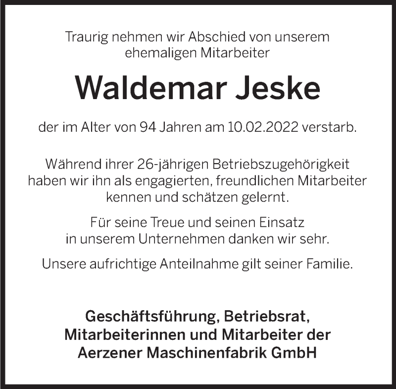  Traueranzeige für Waldemar Jeske vom 28.03.2022 aus Deister- und Weserzeitung