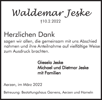 Traueranzeige von Waldemar Jeske von Deister- und Weserzeitung