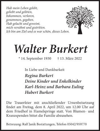 Traueranzeige von Walter Burkert von Neue Deister-Zeitung