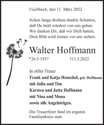 Traueranzeige von Walter Hoffmann von Deister- und Weserzeitung
