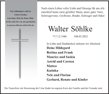 Traueranzeige von Walter Söhlke von Deister- und Weserzeitung