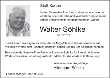 Traueranzeige von Walter Söhlke von Deister- und Weserzeitung