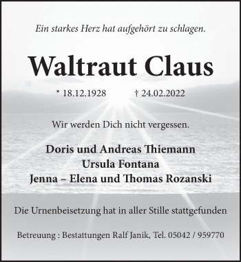 Traueranzeige von Waltraut Claus von Neue Deister-Zeitung