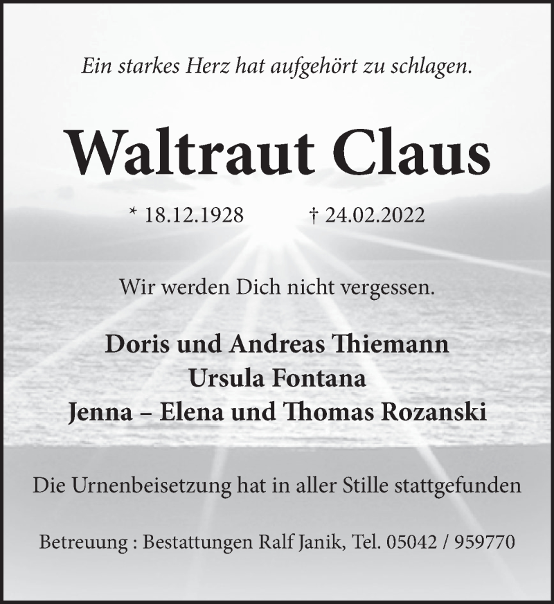  Traueranzeige für Waltraut Claus vom 12.03.2022 aus Neue Deister-Zeitung