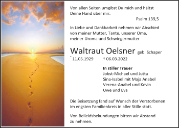 Traueranzeige von Waltraut Oelsner von Deister- und Weserzeitung