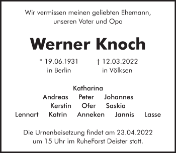 Traueranzeige von Werner Knoch von Neue Deister-Zeitung