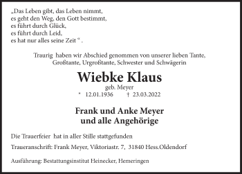 Traueranzeige von Wiebke Klaus von Deister- und Weserzeitung