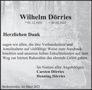 Traueranzeige von Wilhelm Dörries von Deister- und Weserzeitung
