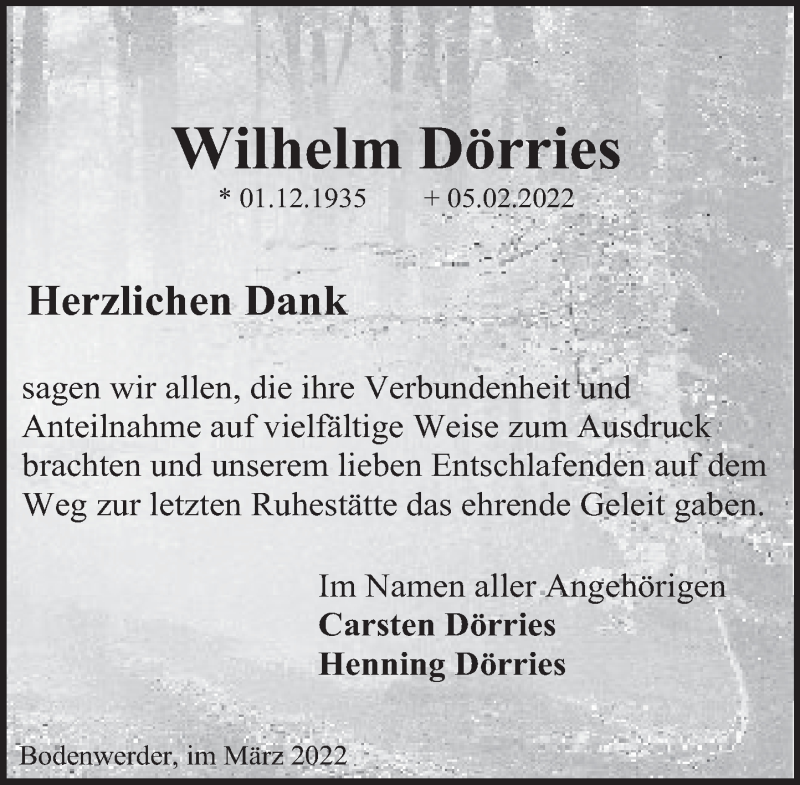  Traueranzeige für Wilhelm Dörries vom 04.03.2022 aus Deister- und Weserzeitung