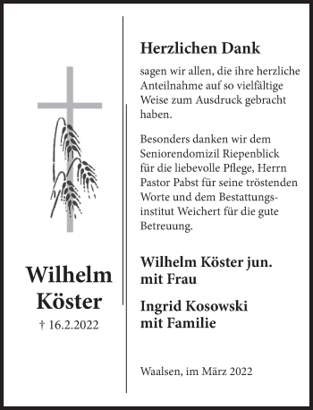 Traueranzeige von Wilhelm Köster von Deister- und Weserzeitung