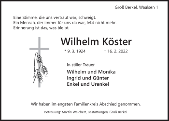 Traueranzeige von Wilhelm Köster von Deister- und Weserzeitung