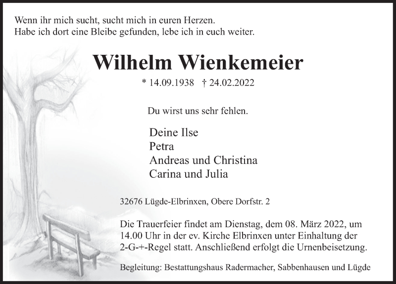  Traueranzeige für Wilhelm Wienkemeier vom 02.03.2022 aus Deister- und Weserzeitung