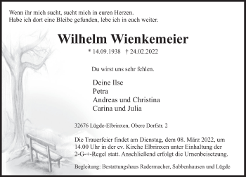 Traueranzeige von Wilhelm Wienkemeier von Deister- und Weserzeitung