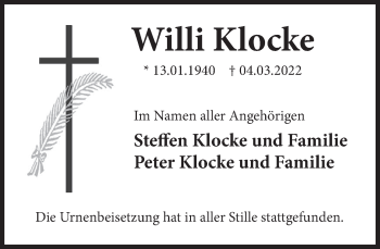 Traueranzeige von Willi Klocke von Deister- und Weserzeitung