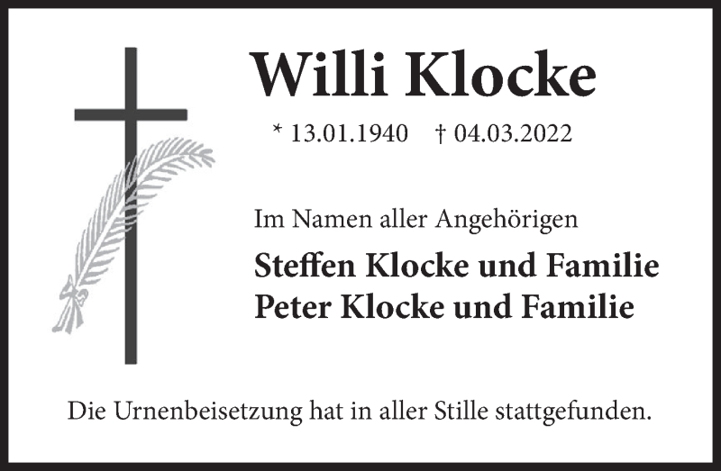  Traueranzeige für Willi Klocke vom 19.03.2022 aus Deister- und Weserzeitung