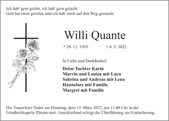 Traueranzeige von Willi Quante von Deister- und Weserzeitung