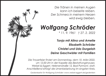 Traueranzeige von Wolfgang Schröder von Deister- und Weserzeitung