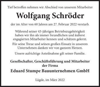 Traueranzeige von Wolfgang Schröder von Deister- und Weserzeitung