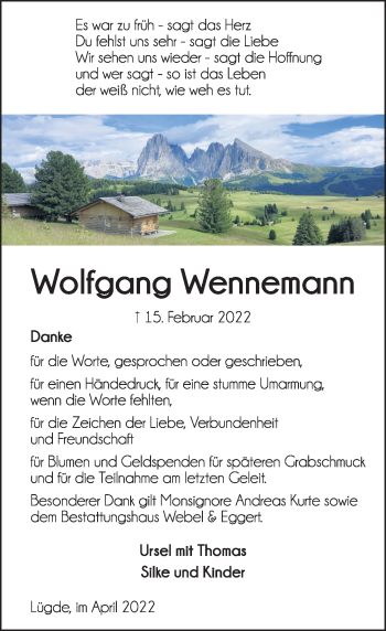 Traueranzeige von Wolfgang Wennemann von Deister- und Weserzeitung