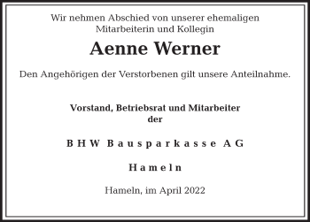 Traueranzeige von Aenne Werner von Deister- und Weserzeitung