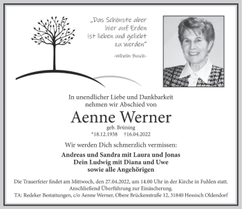 Traueranzeige von Aenne Werner von Deister- und Weserzeitung